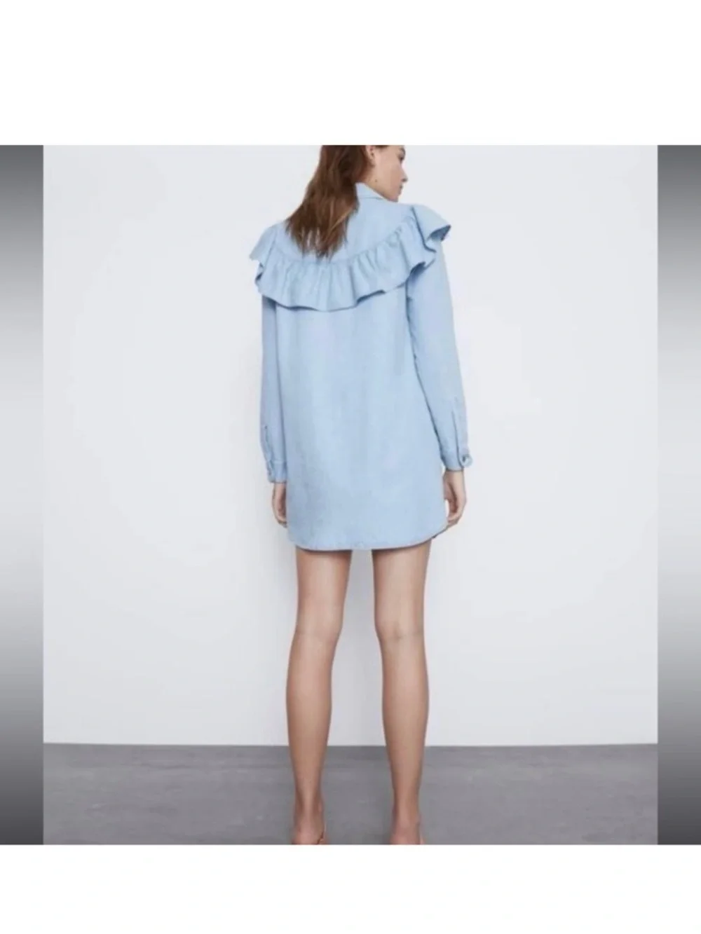 Zara Denim Button-Down Ruffle Mini Shirt Dress (Box H) - Picture 3 of 7